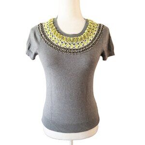 Milly Embellished Gray Short-Sleeve Sweater With Beaded Yellow & Silver Neckline